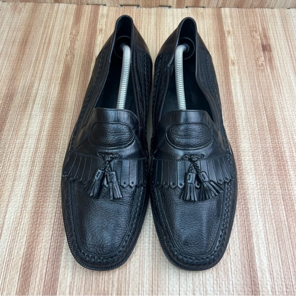 Johnston & Murphy Domani Shoes Size 12 Black Woven Leather Tassel Loafers Italy - Picture 3 of 12